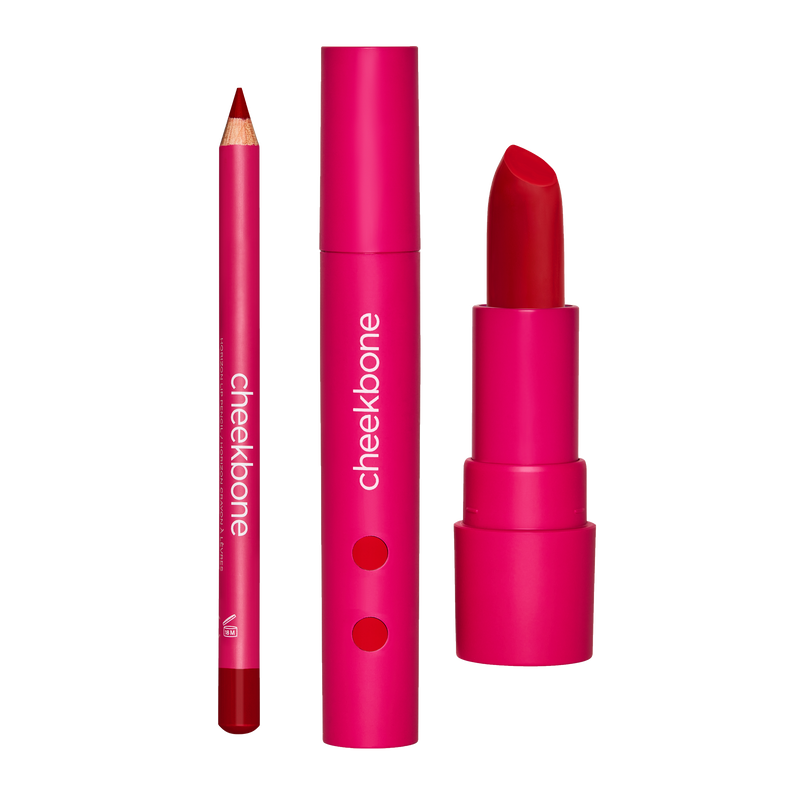 Cheekbone Beauty red lipstick and lip liner in pink packaging