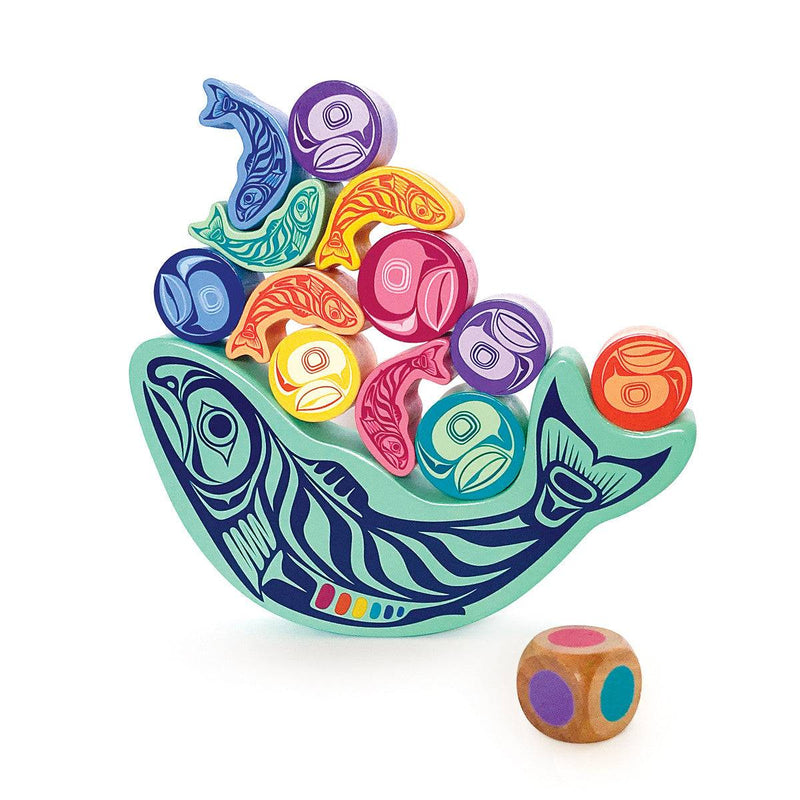 Indigenous design salmon balancing game with salmon and egg pieces