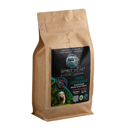 Brown coffee bag with Spirit Bear Coffee Company logo