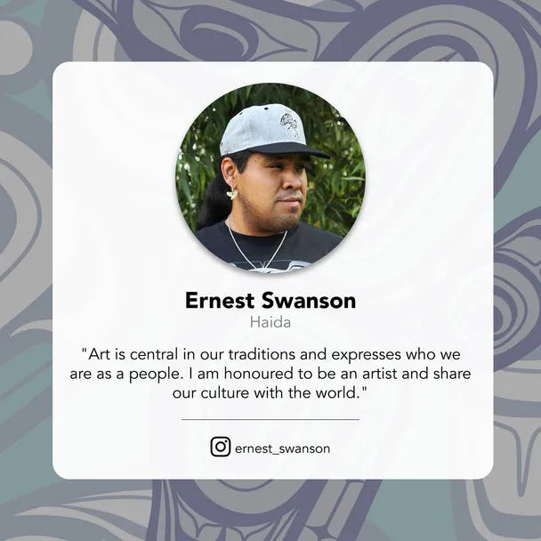 Photo of Indigenous Artist Ernest Swanson of Haida with quote and Instagram Handle