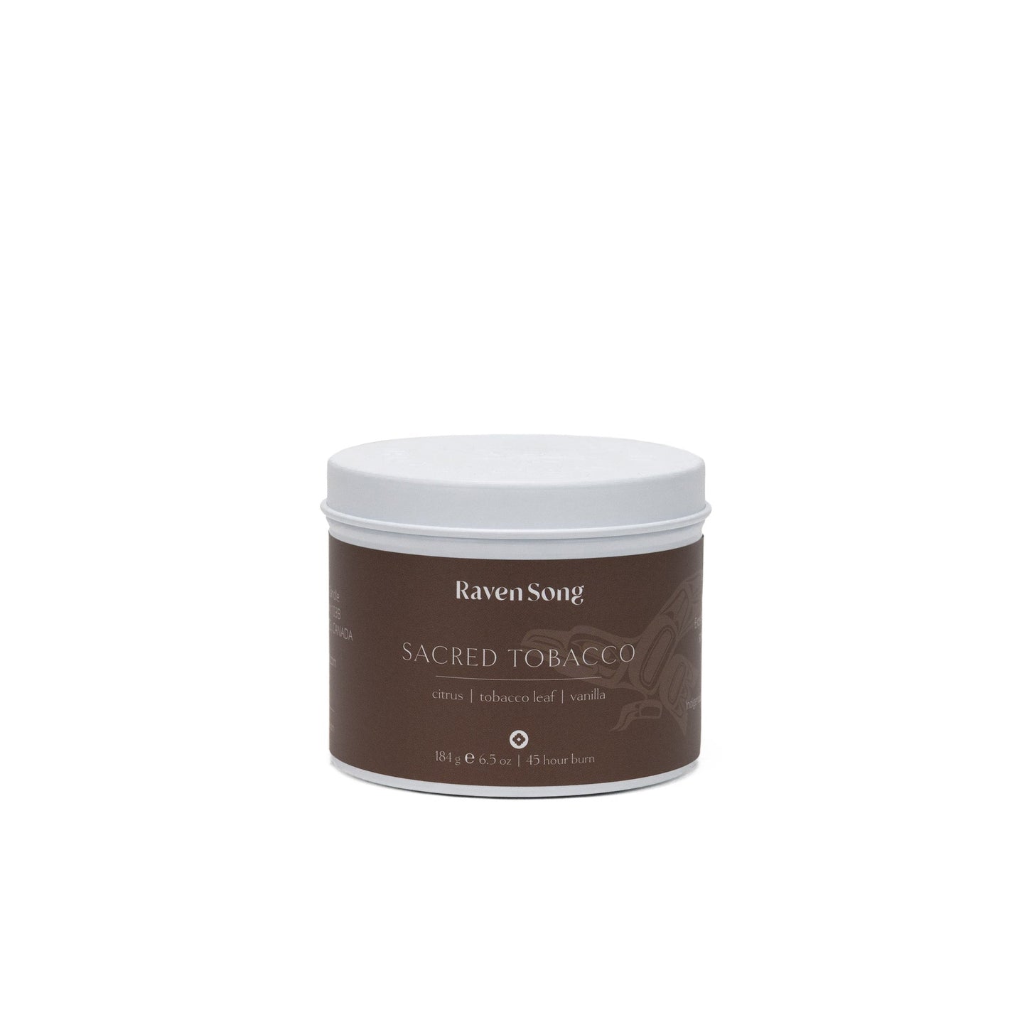 Sacred Tobacco coconut wax candle by RavenSong in a brown tin, citrus tobacco leaf and vanilla