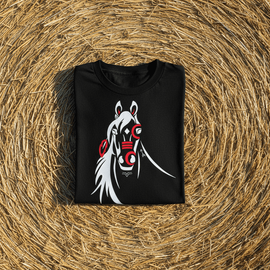 Black t-shirt with a white horse graphic on a straw background
