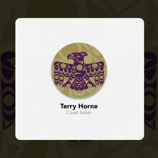 Terry Horne purple eagle symbol with name and affiliation - Coast Salish