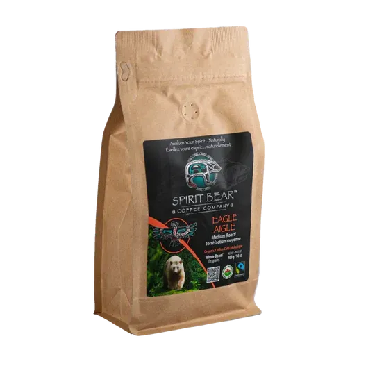 Brown coffee bag with Spirit Bear Coffee Company logo
