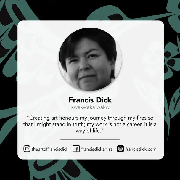 Profile card of Francis Dick with a quote and contact information on a decorative background