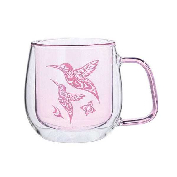 Double walled Glass Mug with Indigenous Design Hummingbird By Simone Diamond displayed in front a white background