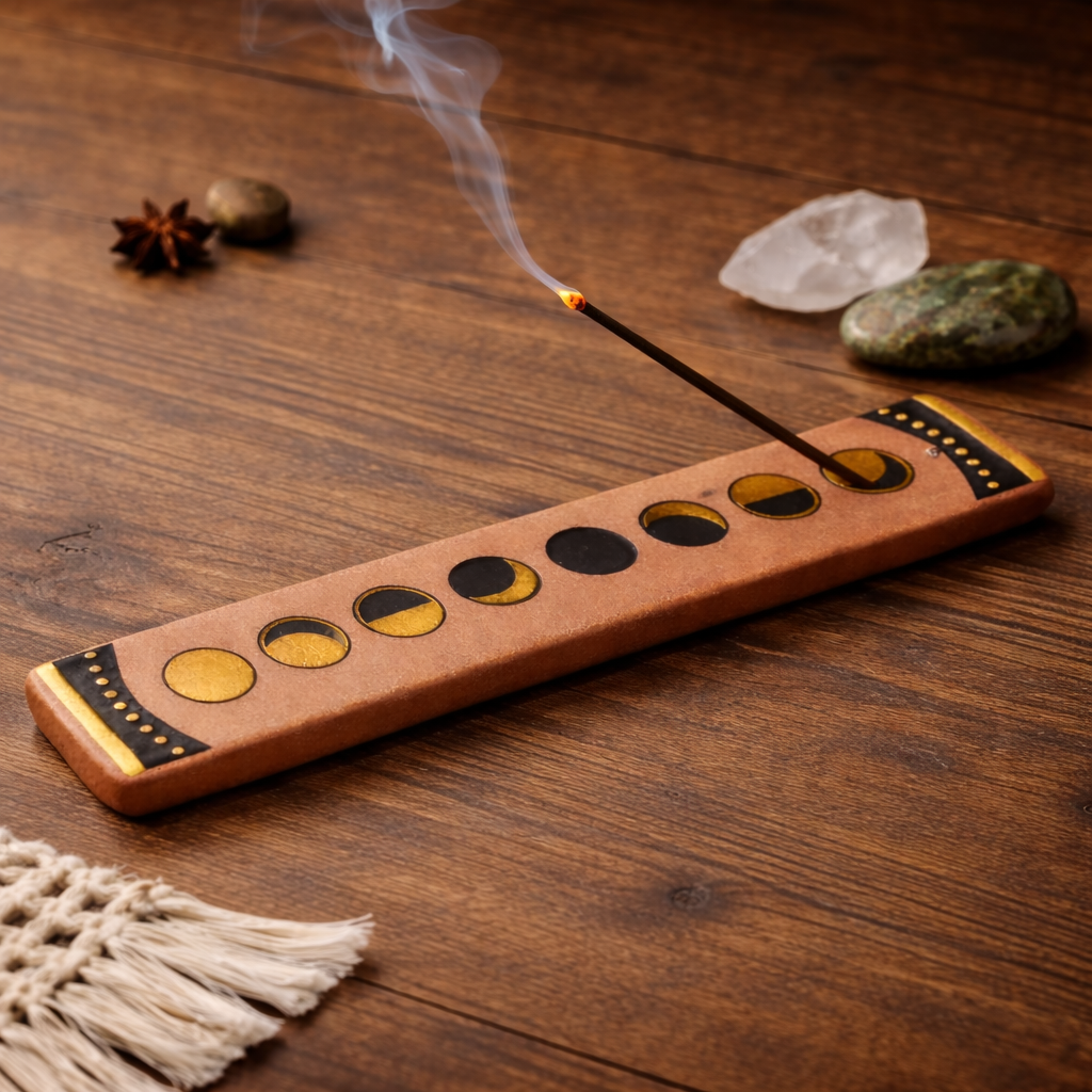 Incense burner with burning incense stick on a wooden surface