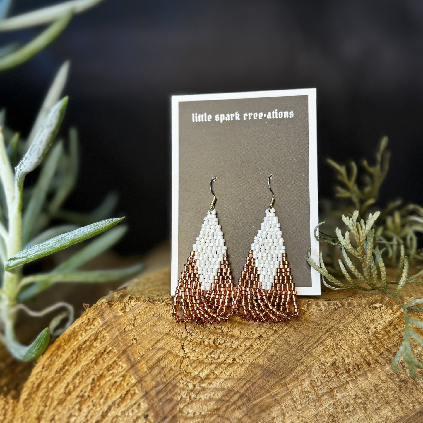 Copper and White large beaded earrings handmade by Dee Cochrane of Little Spark Cree-ations