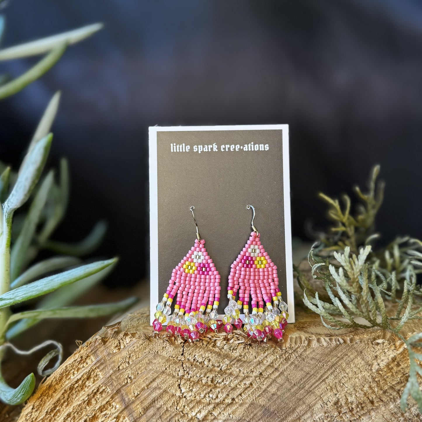 Pink Fringe medium beaded earrings handmade by Dee Cochrane of Little Spark Cree-ations