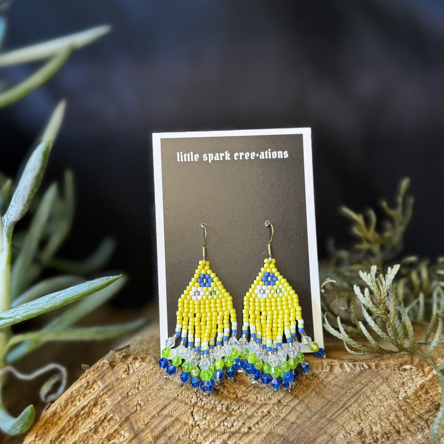 Yellow Floral medium beaded earrings handmade by Dee Cochrane of Little Spark Cree-ations