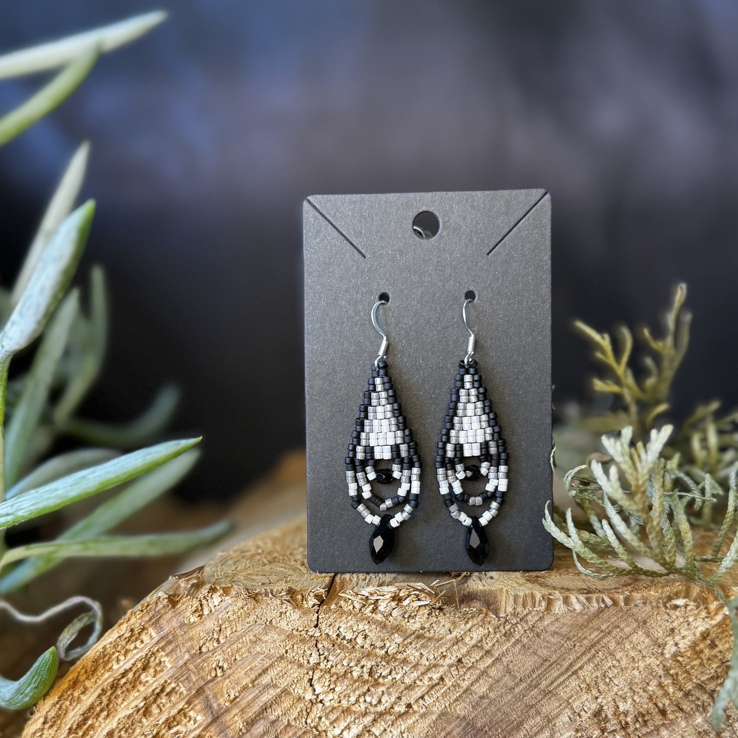 Black and Silver Drop small beaded earrings handmade by Dee Cochrane of Little Spark Cree-ations