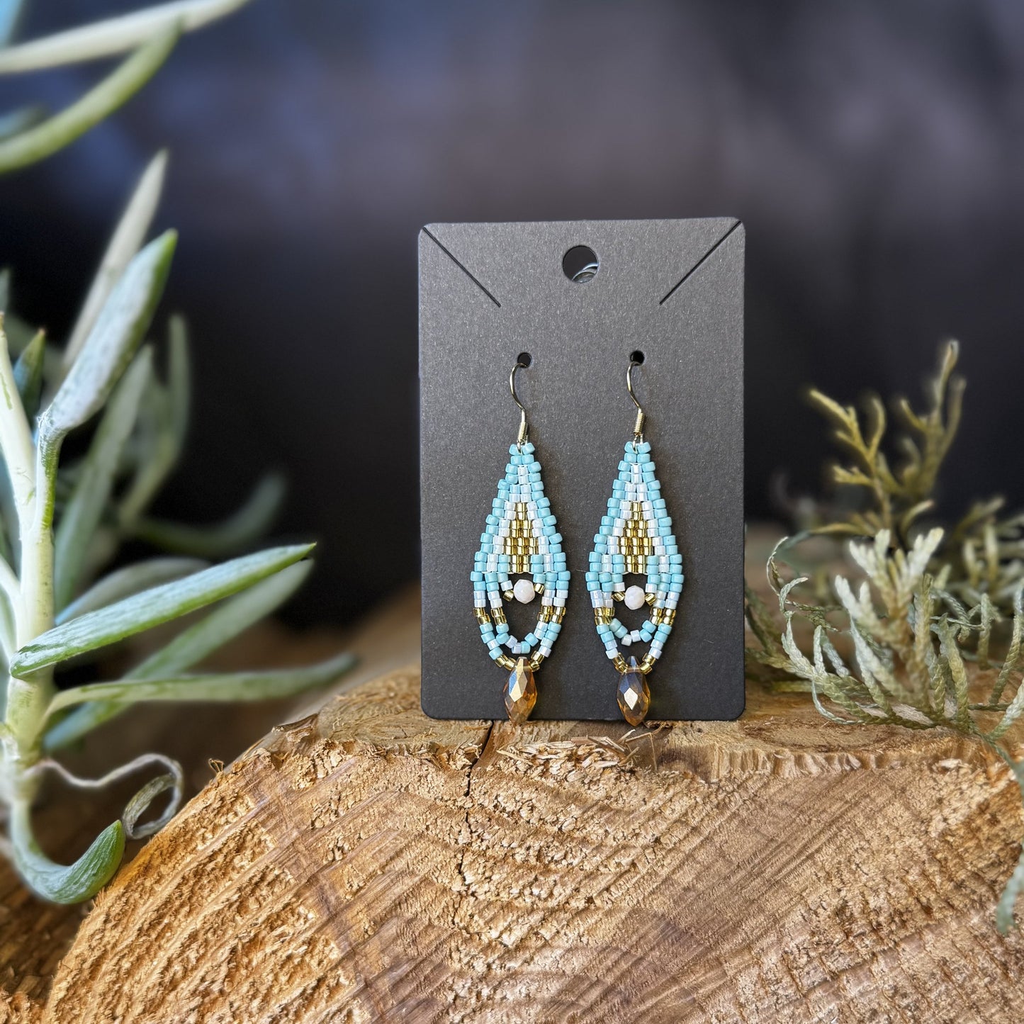 Light Blue Drop small beaded earrings handmade by Dee Cochrane of Little Spark Cree-ations