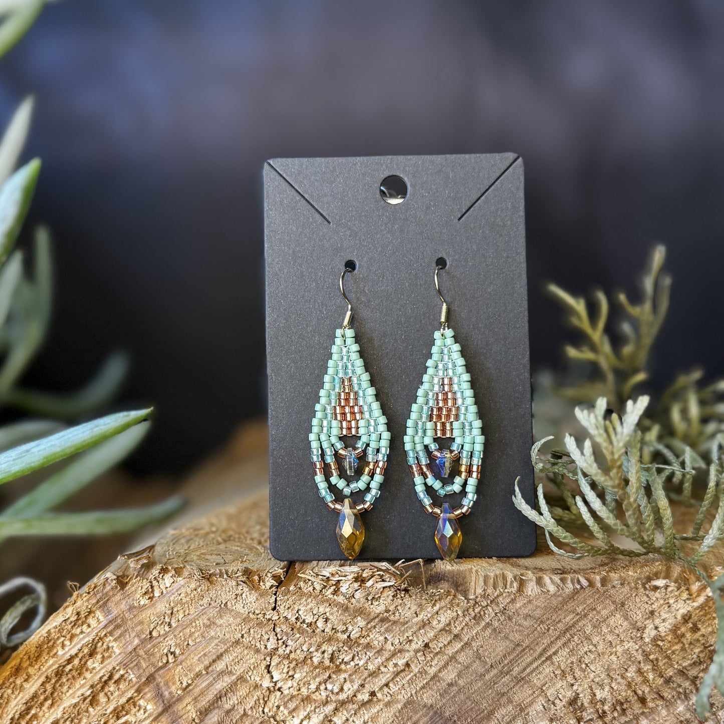 Mint and Copper small beaded earrings handmade by Dee Cochrane of Little Spark Cree-ations