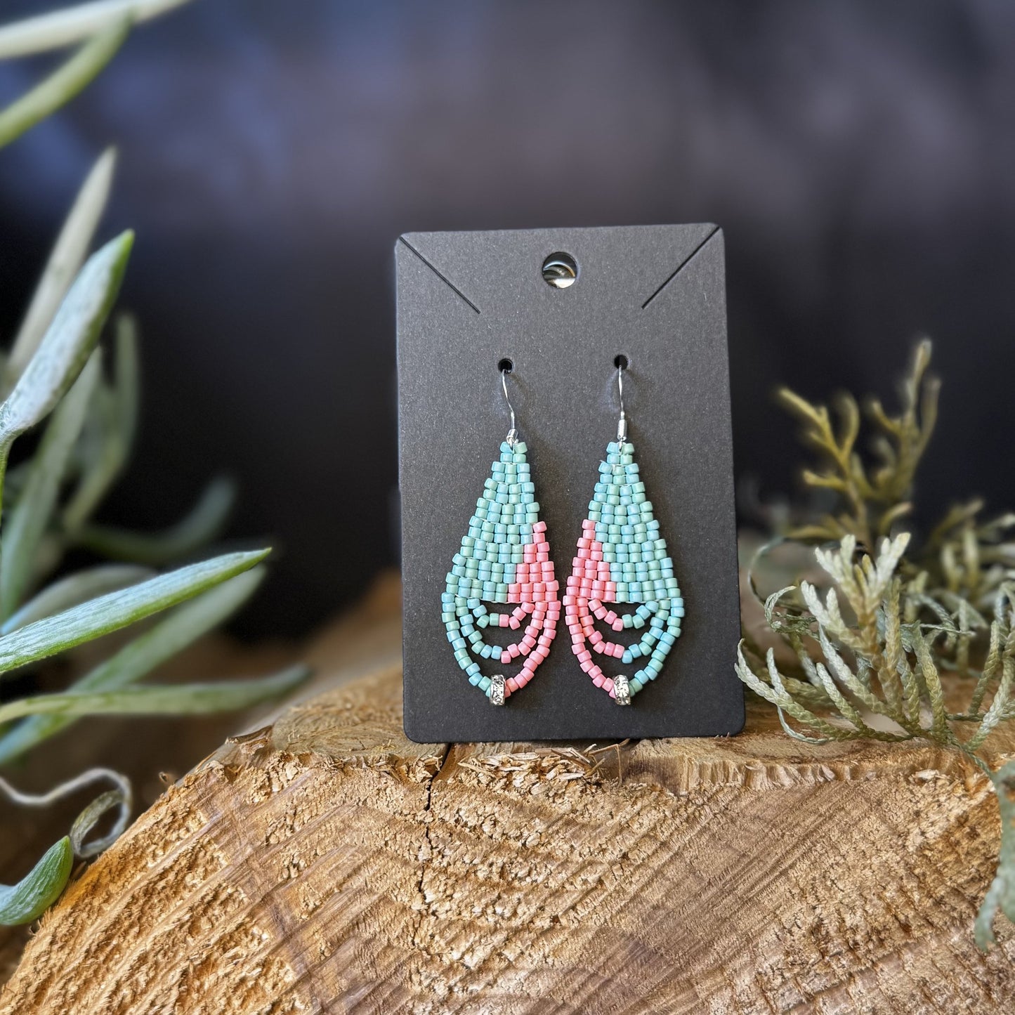 Mint and Pink small beaded earrings handmade by Dee Cochrane of Little Spark Cree-ations