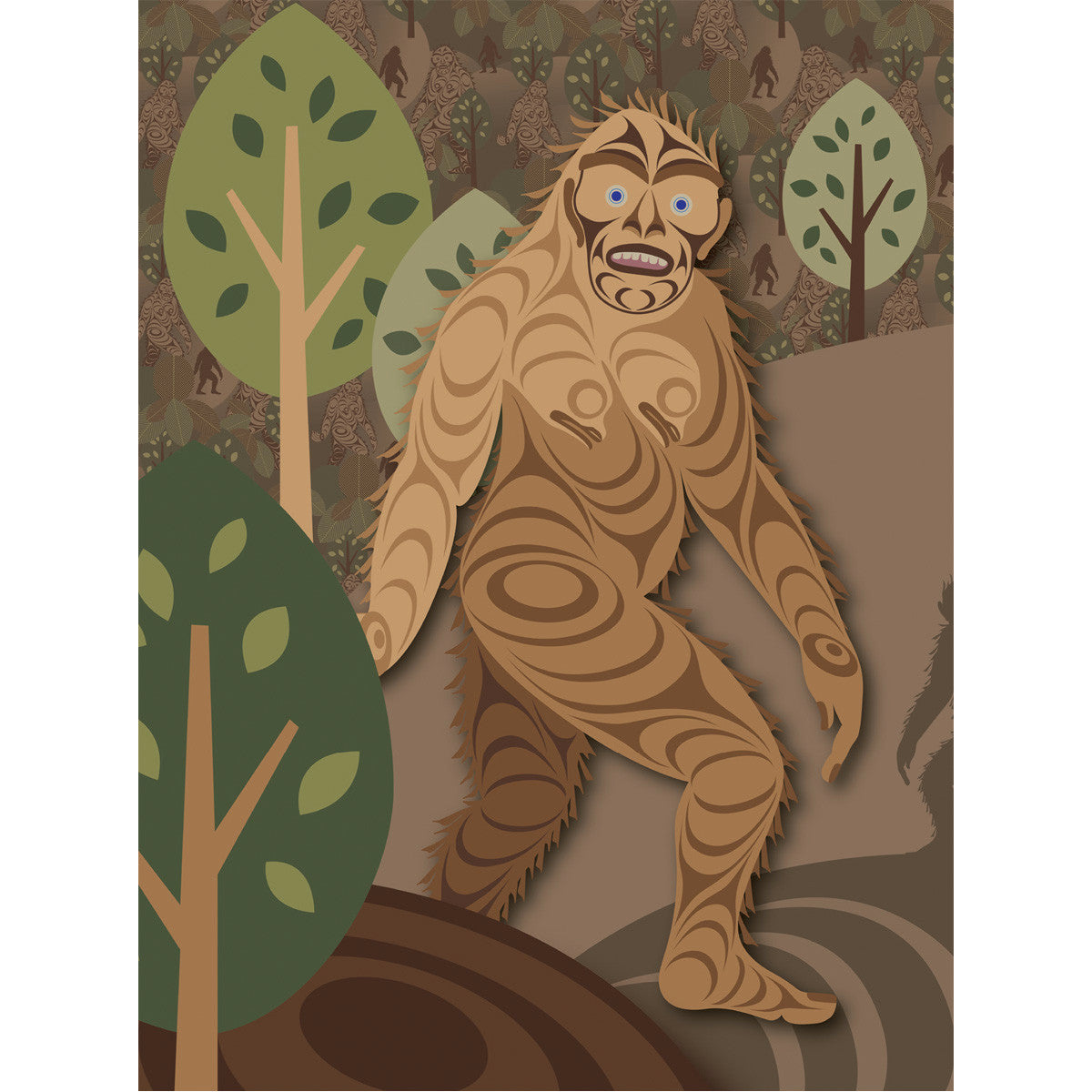 Folding greeting card with a brown Sasquatch design by Francis Horne Sr.