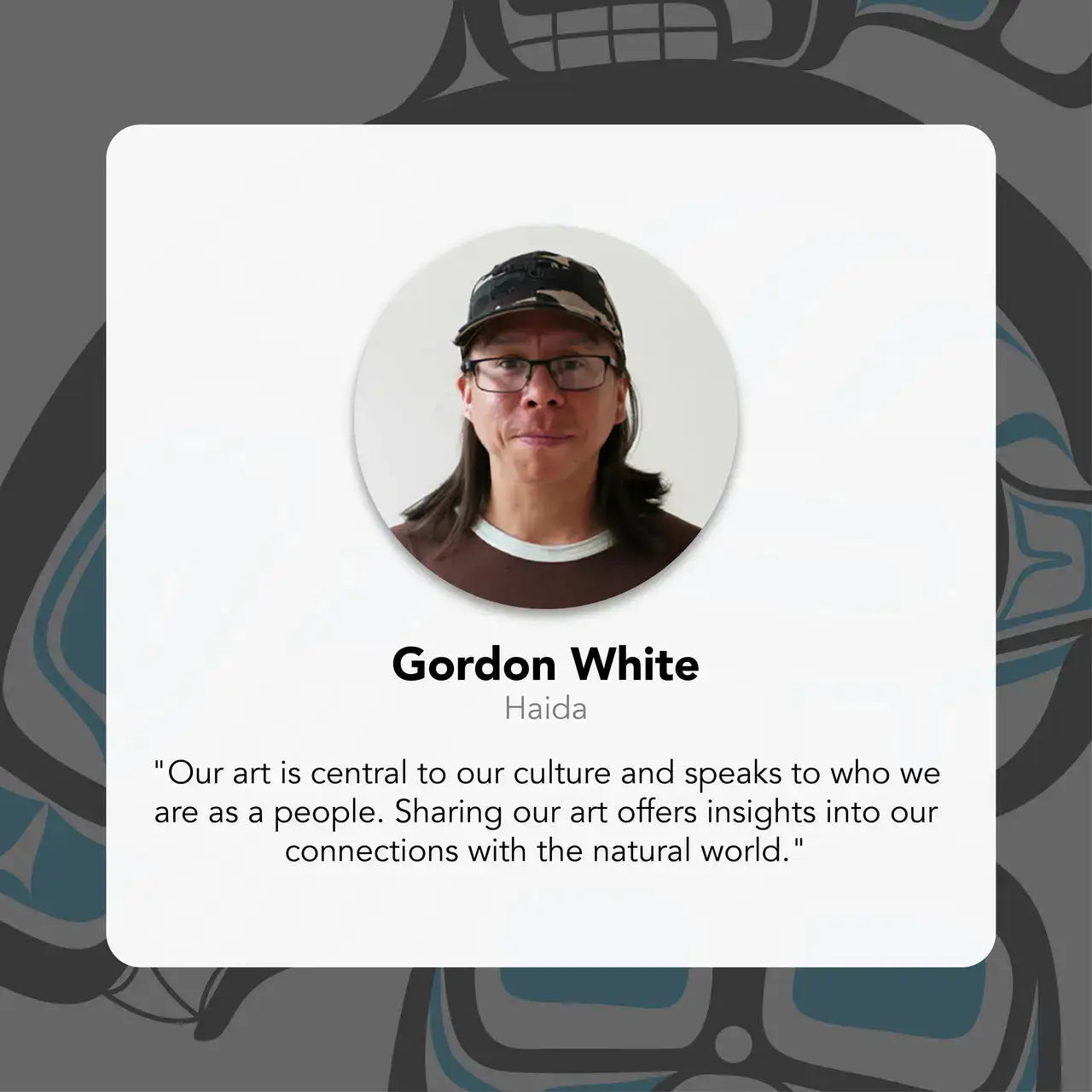 Portrait of a person with text about art and culture on a Indigenous design background