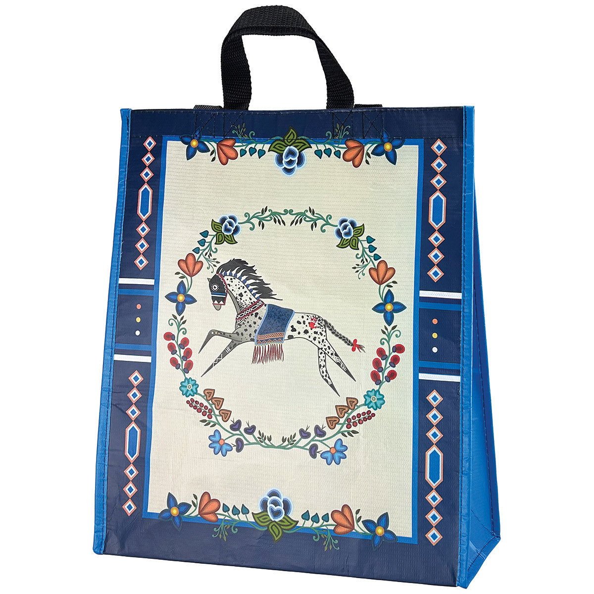 Large reusable shopping bag with Horse Gidagiza Mishtadim design by Emilie McKinney, front view