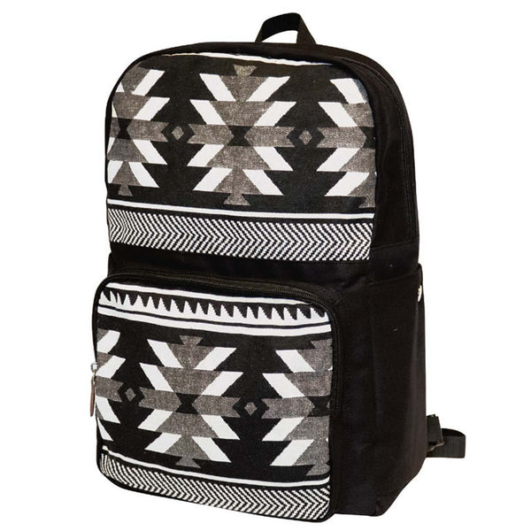 Black and white woven backpack with Visions of Our Ancestors design by Leila Stogan, three-quarter front view