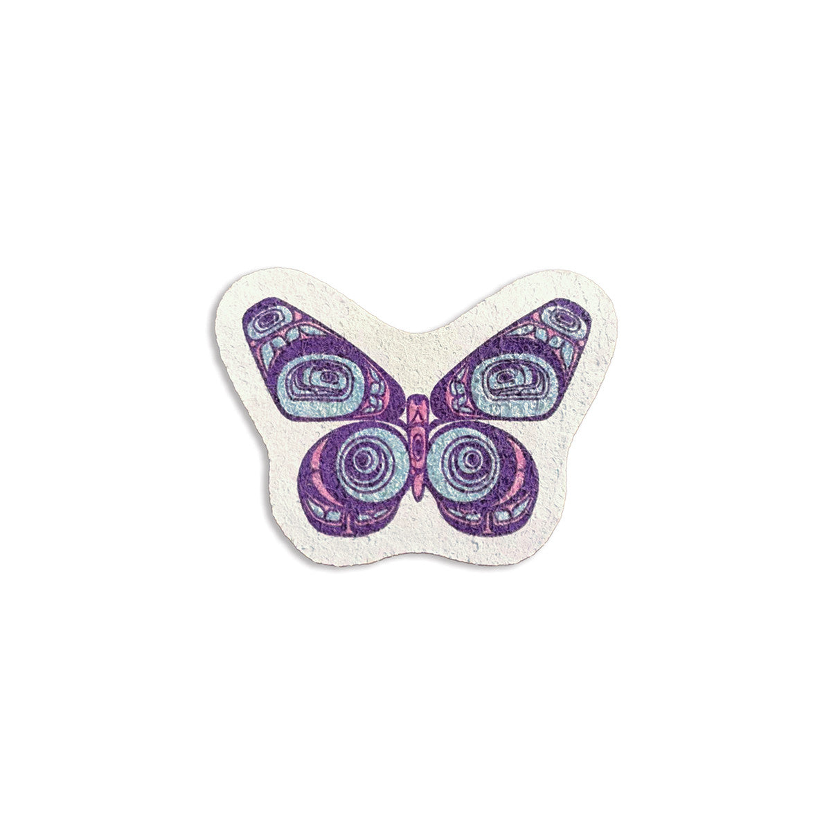 Butterfly-shaped eco sponge with a purple, blue and pink butterfly design by Morgan Asoyuf on a natural sponge