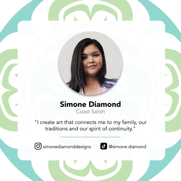 Profile card of Simone Diamond with a circular portrait and decorative border.