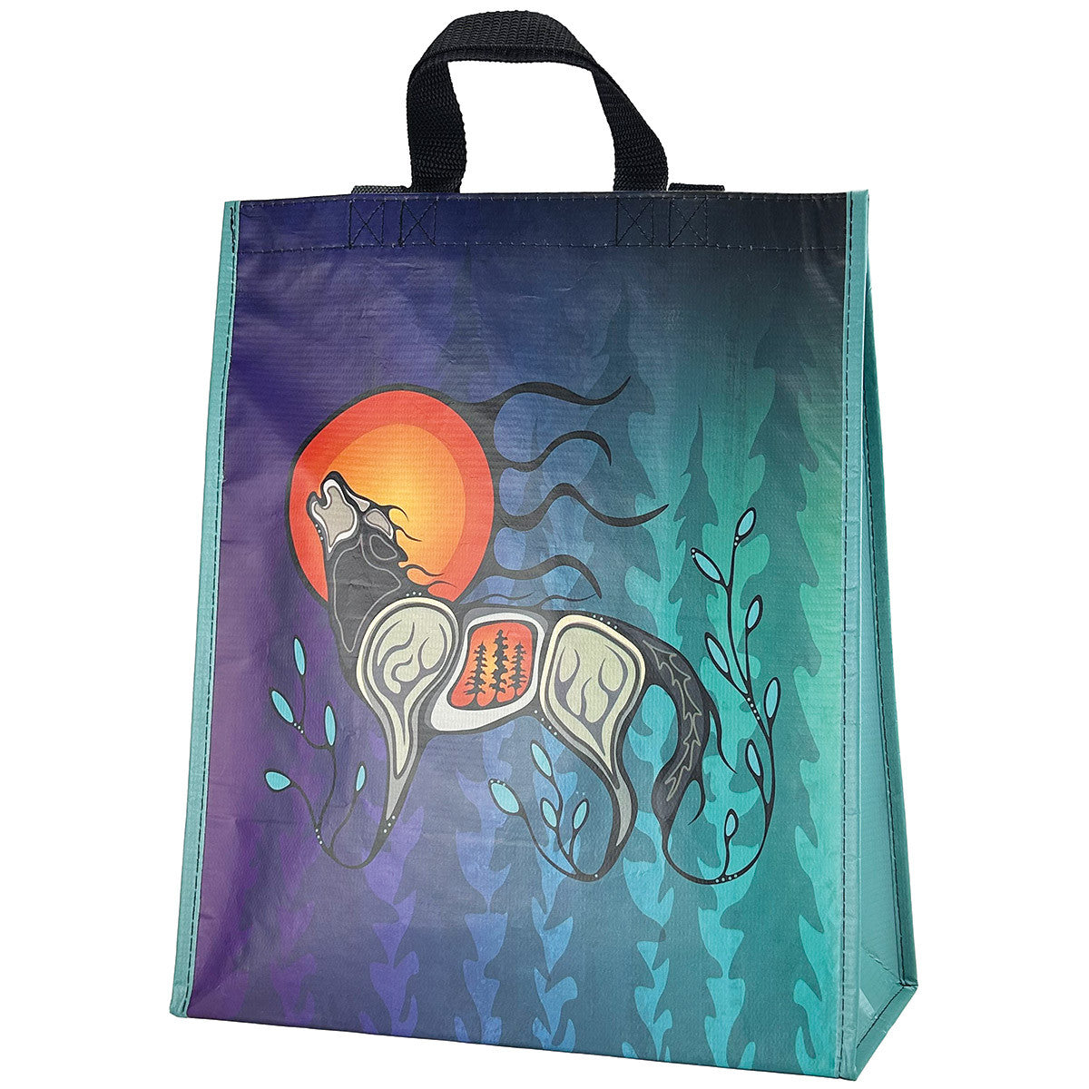 Large reusable shopping bag with Wolf Ma'iingan design by Storm Angeconeb, front view