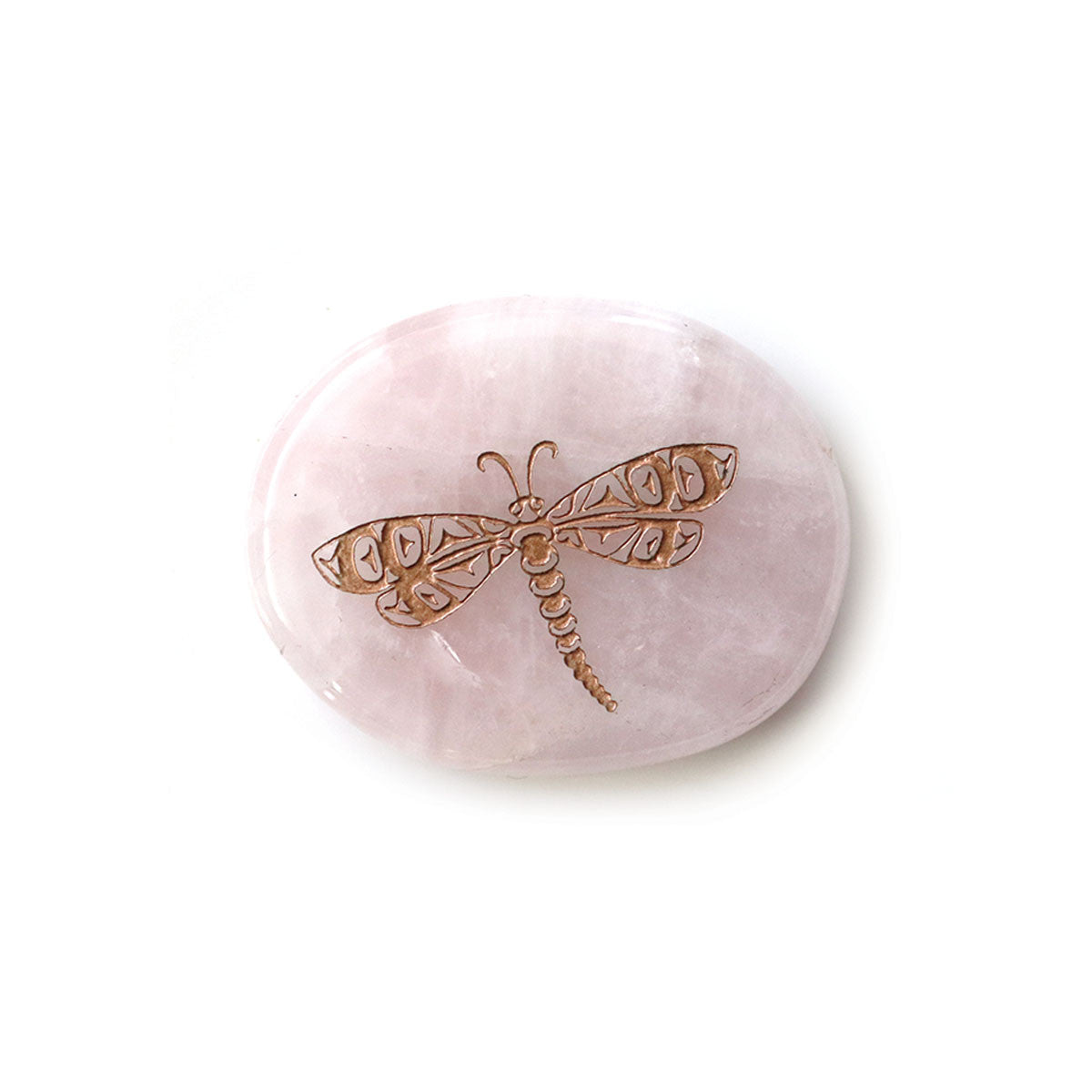 Polished pale-pink rose quartz spirit stone with a copper engraved dragonfly, designed by Simone Diamond