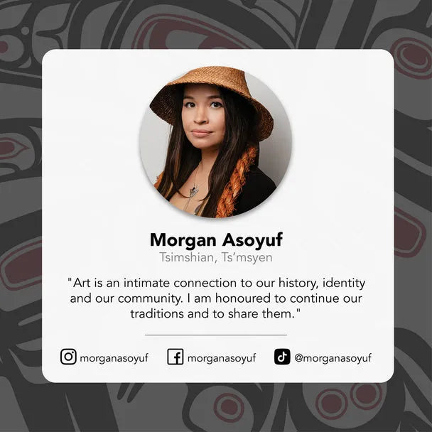 Profile card of Morgan Asoyuf with a quote and social media handles on a dark background with indigenous design elements.