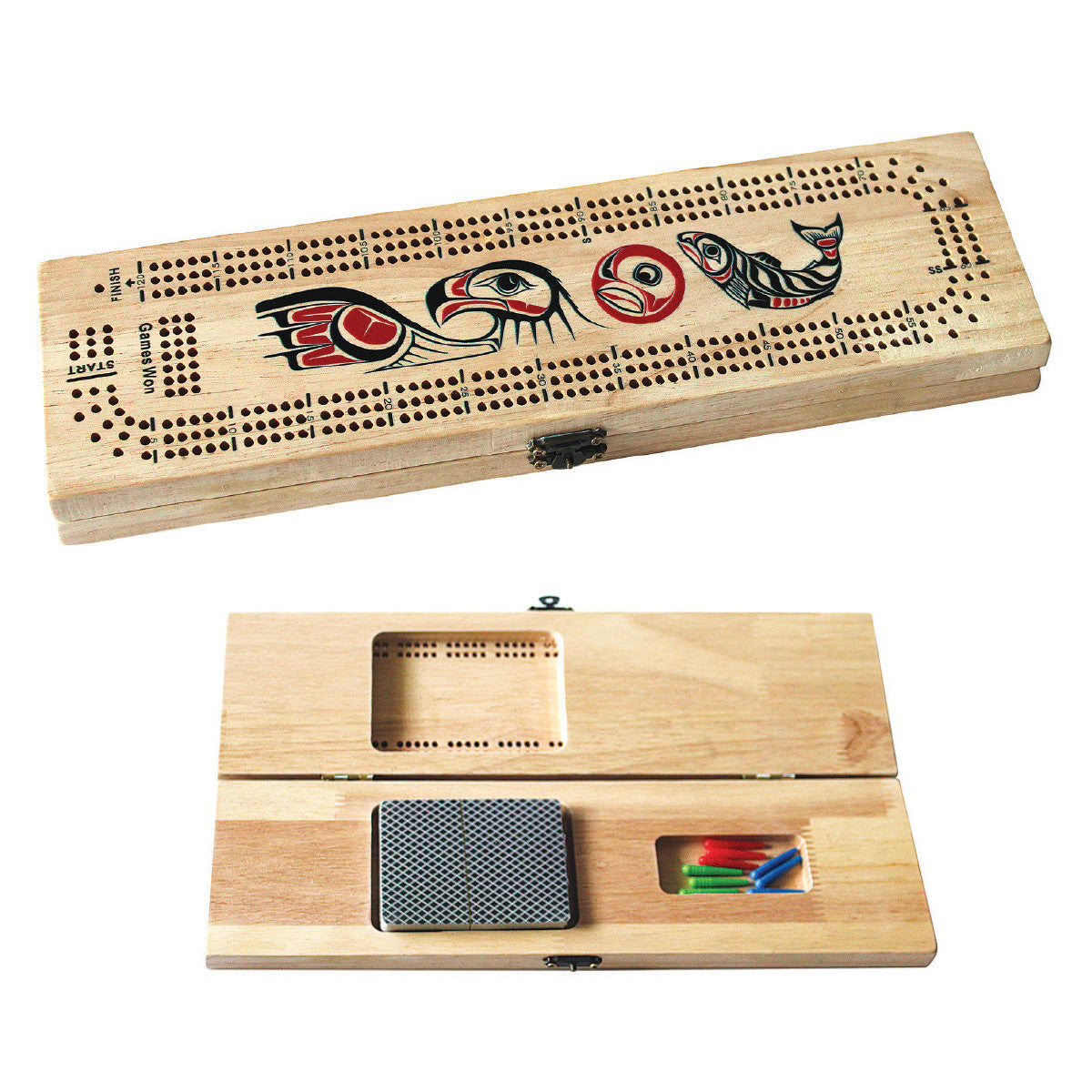 3-track wood cribbage board with Eagle and Salmon design by Paul Windsor