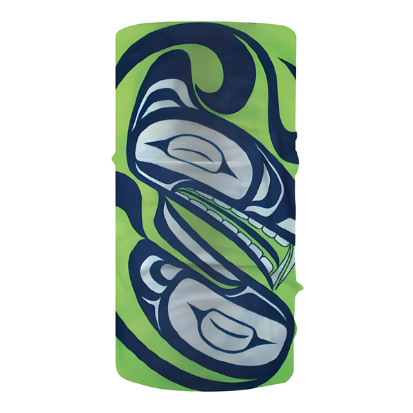 Green and blue multifunctional head-ware with Indigenous wolf design