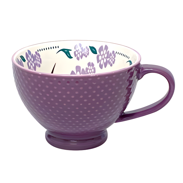 Purple porcelain art mug with floral and hummingbird design