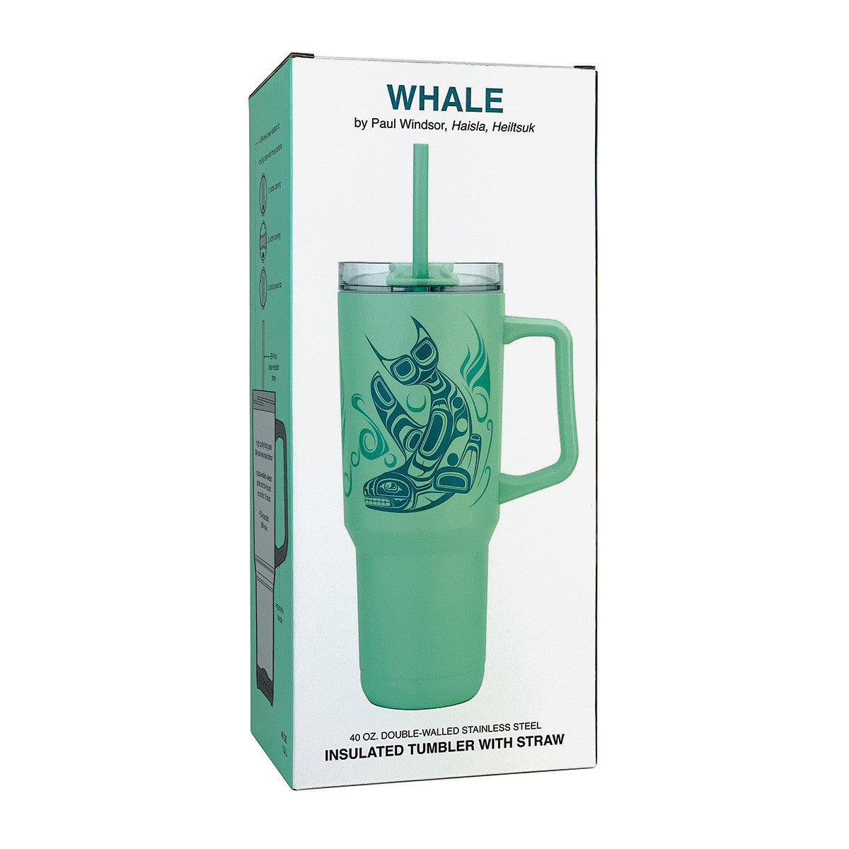 A mint green insulated tumbler with a handle and straw, featuring a dark teal whale graphic, shown in its white retail box labeled 'WHALE by Paul Windsor”