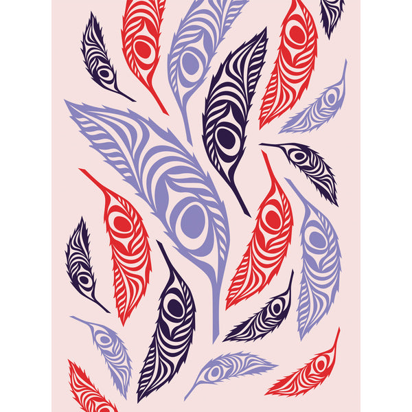 Colourful Indigenous design feathers on light pink card