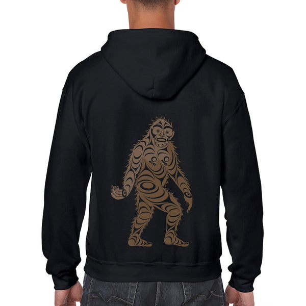 Black hoodie with a brown Sasquatch design on the back, worn by a person.