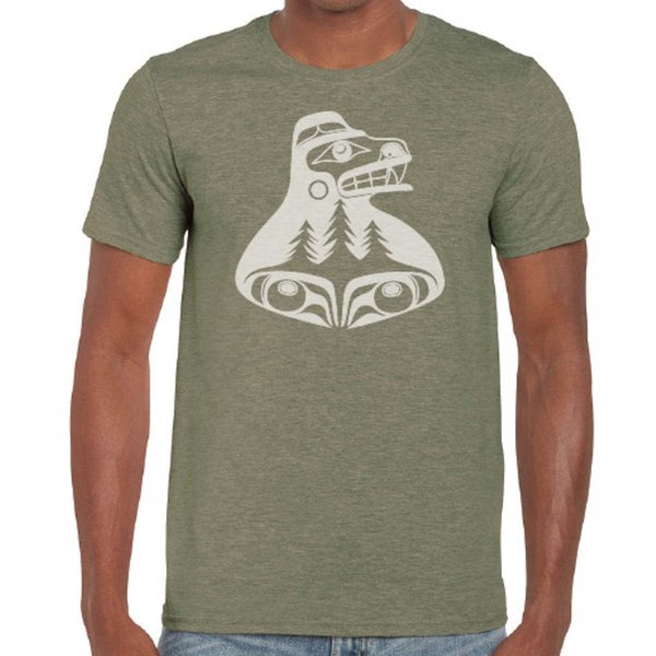 Person wearing a green t-shirt with a white graphic design on a white background