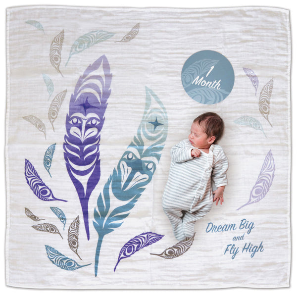 Baby lying on a blanket with feather designs and milestone text