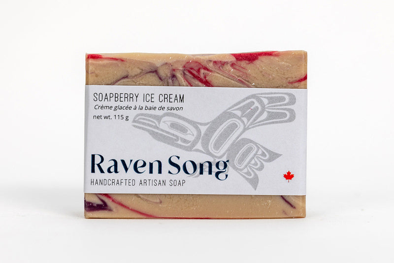 Ravensong soapberry Icecream soap with packaging with Indigenous design bird