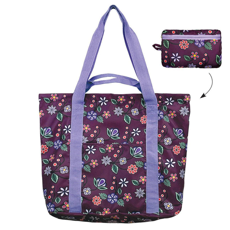 Purple tote bag with Indigenous design florals featured