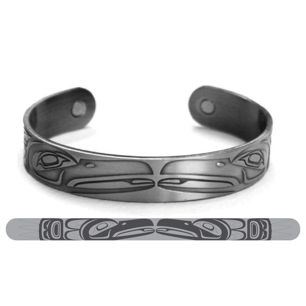 Silver brushed copper bracelet with Indigenous designed raven