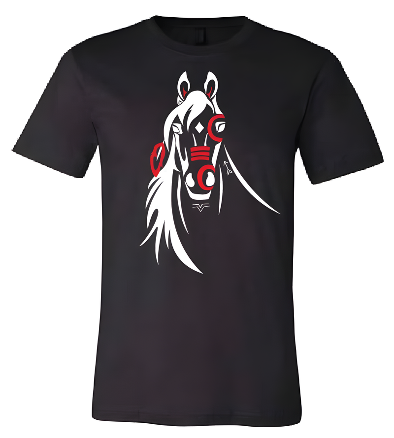 Black t-shirt with Indigenous design horse head in white and red