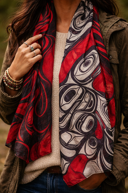 Lady Wearing Signature Eagle Scarf draped around her neck