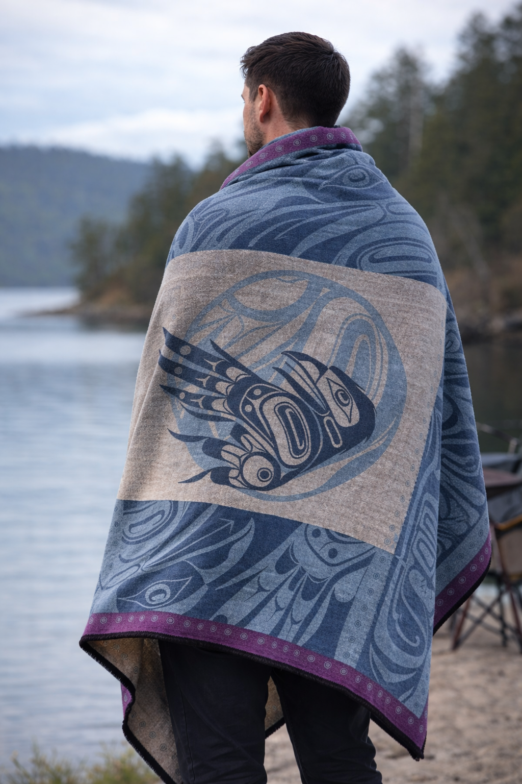 Man Standing by a Lake Wrapped in Raven Woven Blanket