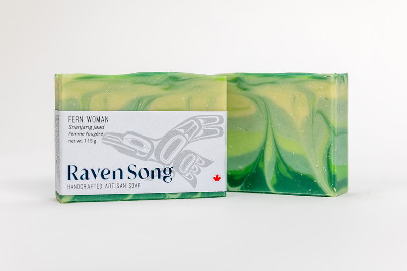 Green and white swirled soap bar with 'Raven Song' packaging