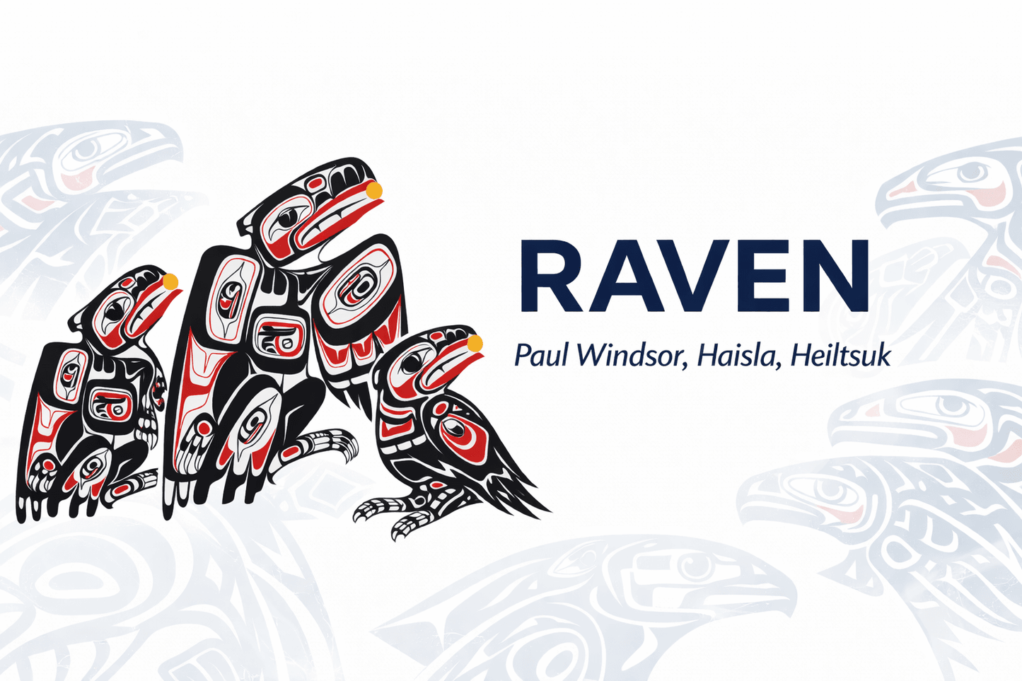 Artistic depiction of ravens with 'RAVEN' and artist names on a white background