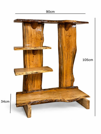 Wooden live edge shelf with dimensions 