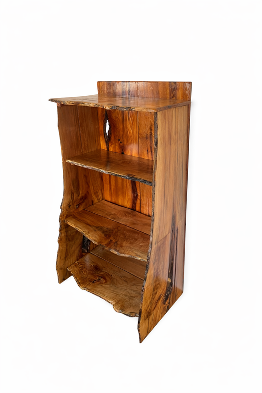 Wooden bookshelf with natural finish on a white background