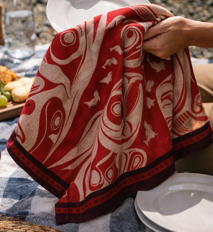 Woman Polishing A plate with the Salmon Tea Towel