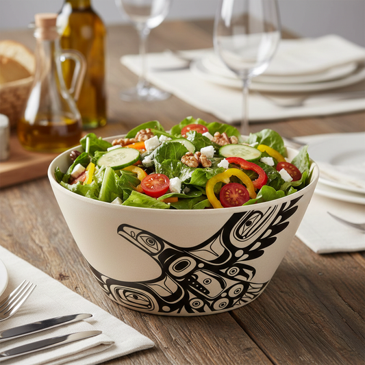 Salad in a decorative bowl on a wooden table with olive oil and bread in the background