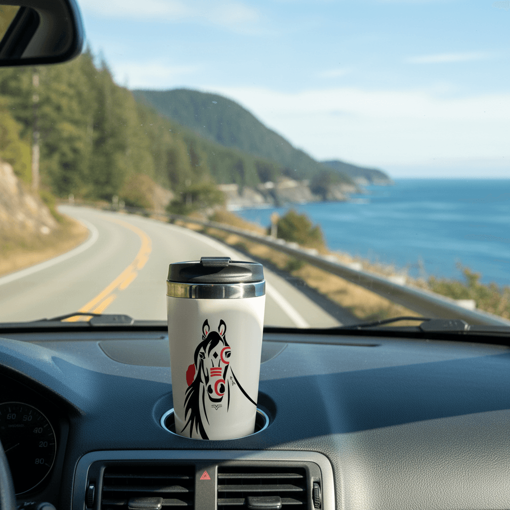 Travel mug with a horse design on a car dashboard overlooking a scenic road and ocean.