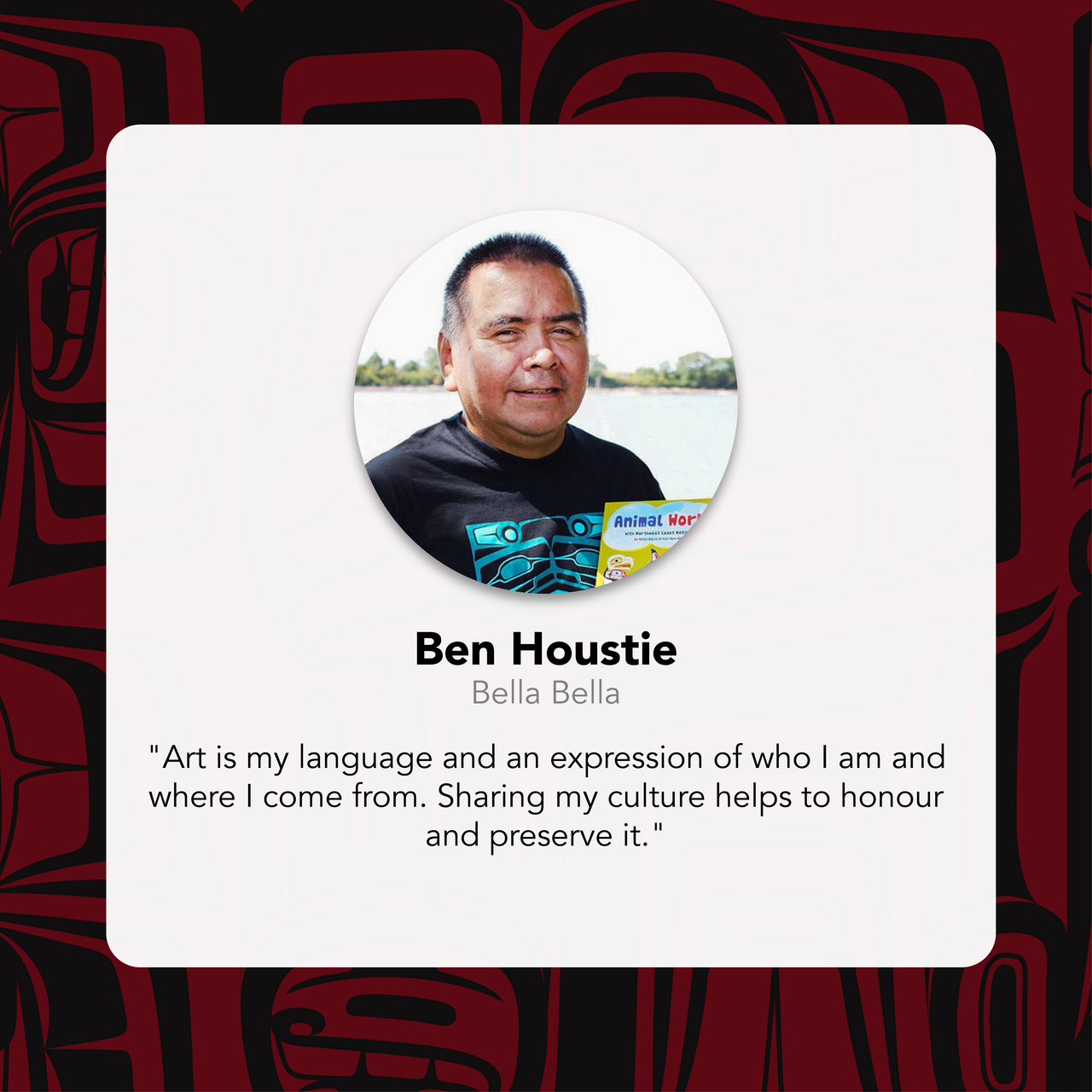 Portrait of Ben Houstie with cultural design elements and text about his art and culture.