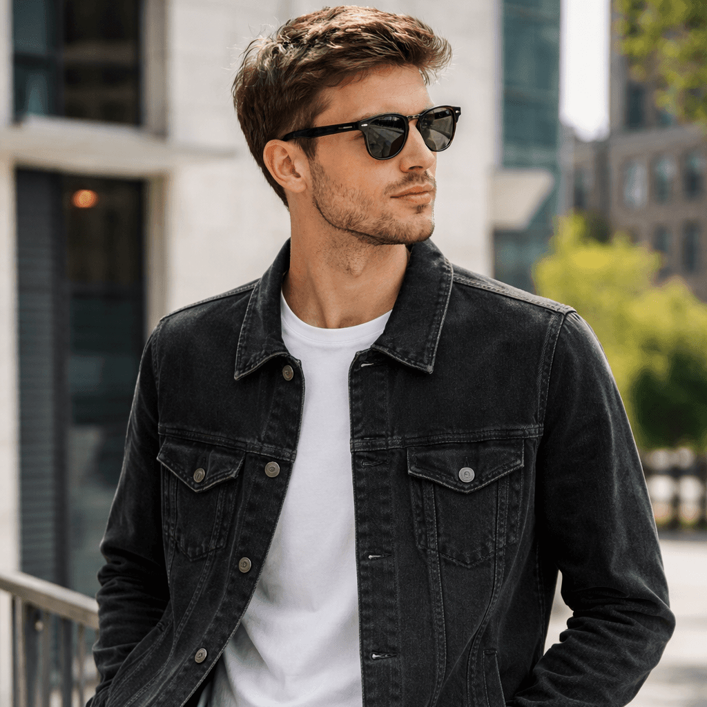 Man wearing a black denim jacket and sunglasses in an urban setting